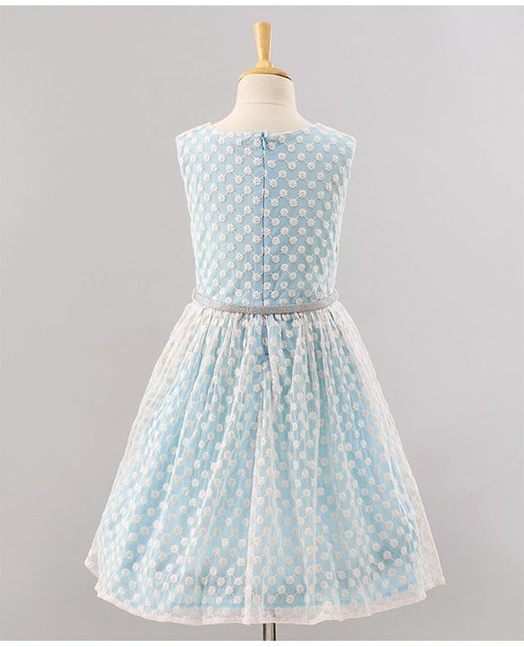 Pine Kids Sleeveless Frock with Nylon Mesh Embroidery All Over - Blue