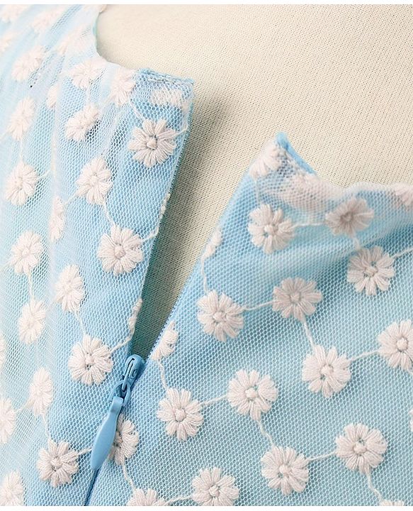 Pine Kids Sleeveless Frock with Nylon Mesh Embroidery All Over - Blue