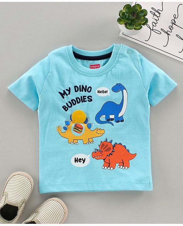 Babyhug Half Sleeves Biowashed Tee Dino Print - Blue