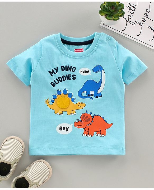 Babyhug Half Sleeves Biowashed Tee Dino Print - Blue
