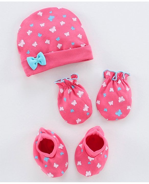 Babyhug Cap Mittens & Booties Butterfly Print Pink - Diameter 11.5 cm