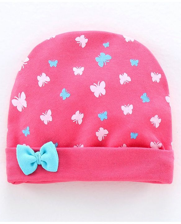 Babyhug Cap Mittens & Booties Butterfly Print Pink - Diameter 11.5 cm