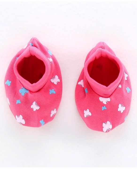 Babyhug Cap Mittens & Booties Butterfly Print Pink - Diameter 11.5 cm