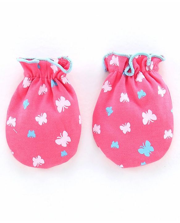 Babyhug Cap Mittens & Booties Butterfly Print Pink - Diameter 11.5 cm