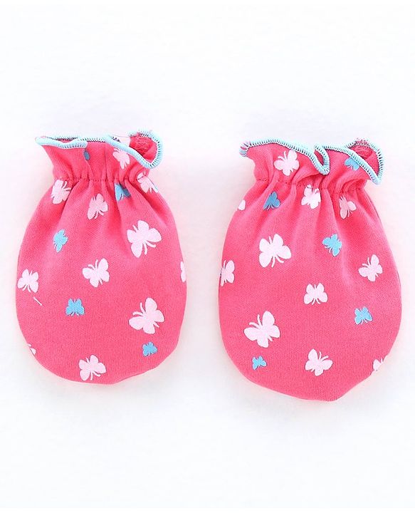 Babyhug Cap Mittens & Booties Butterfly Print Pink - Diameter 11.5 cm