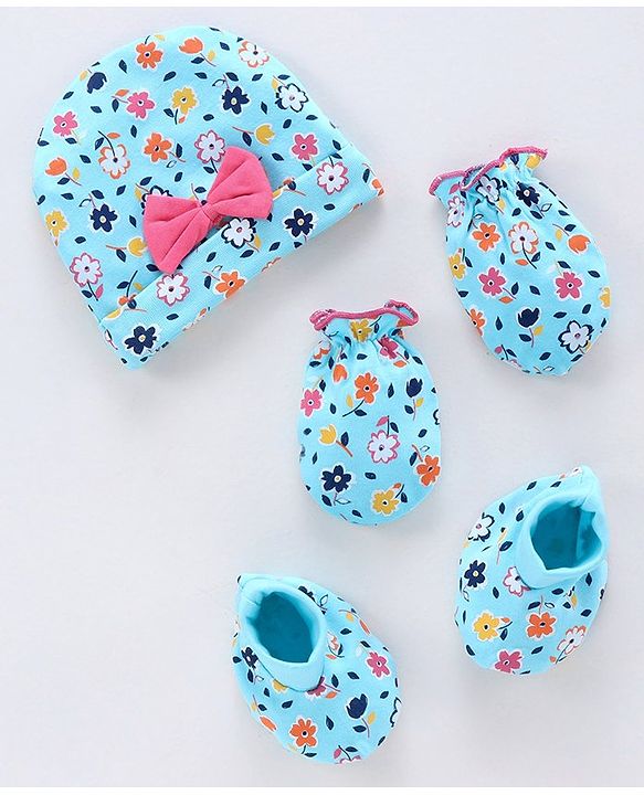 Babyhug 100% Cotton Cap Mitten & Booties Set Floral Print Blue - Diameter 10 cm