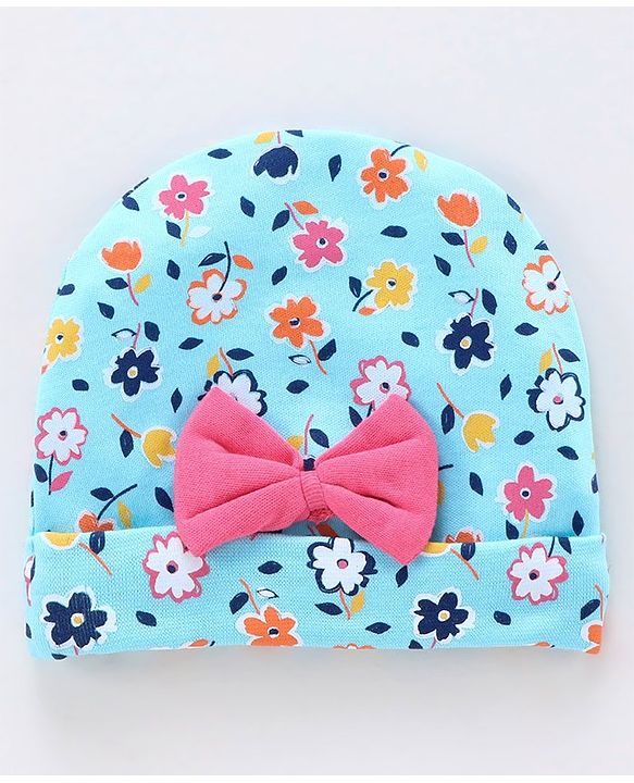 Babyhug 100% Cotton Cap Mitten & Booties Set Floral Print Blue - Diameter 10 cm