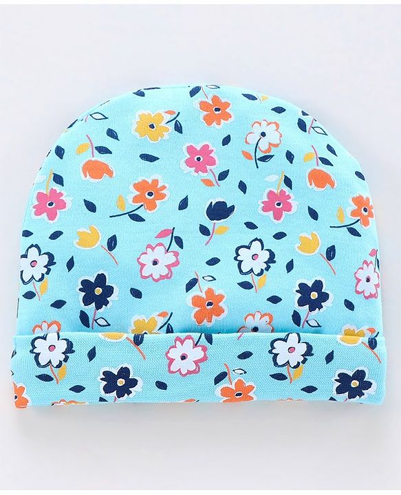 Babyhug 100% Cotton Cap Mitten & Booties Set Floral Print Blue - Diameter 10 cm