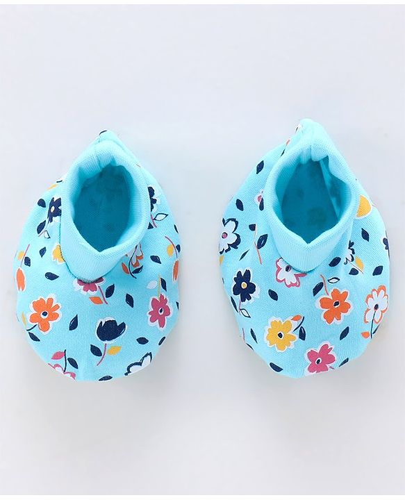Babyhug 100% Cotton Cap Mitten & Booties Set Floral Print Blue - Diameter 10 cm