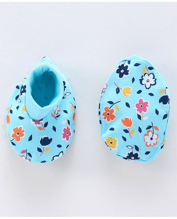 Babyhug 100% Cotton Cap Mitten & Booties Set Floral Print Blue - Diameter 10 cm