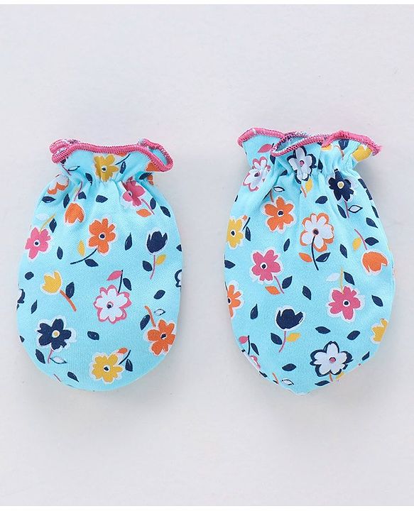 Babyhug 100% Cotton Cap Mitten & Booties Set Floral Print Blue - Diameter 10 cm
