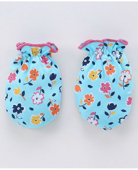 Babyhug 100% Cotton Cap Mitten & Booties Set Floral Print Blue - Diameter 10 cm