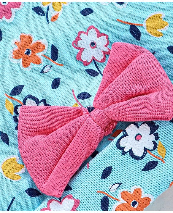 Babyhug 100% Cotton Cap Mitten & Booties Set Floral Print Blue - Diameter 10 cm