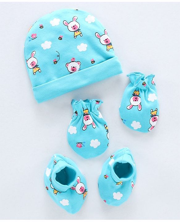 Babyhug 100% Cotton Cap Mittens & Booties Bear Print Blue - Diameter 11.5 cm
