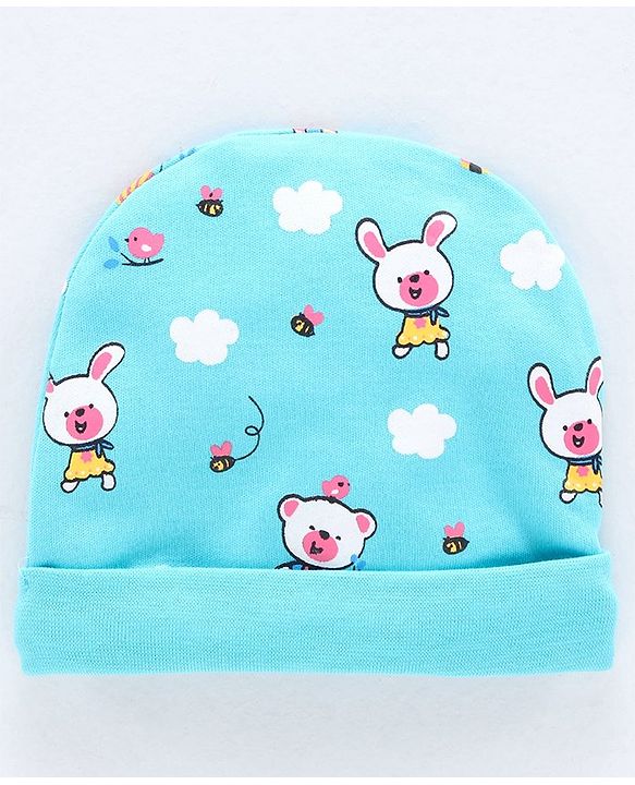 Babyhug 100% Cotton Cap Mittens & Booties Bear Print Blue - Diameter 11.5 cm