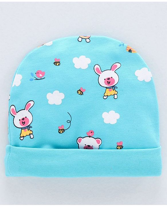 Babyhug 100% Cotton Cap Mittens & Booties Bear Print Blue - Diameter 11.5 cm