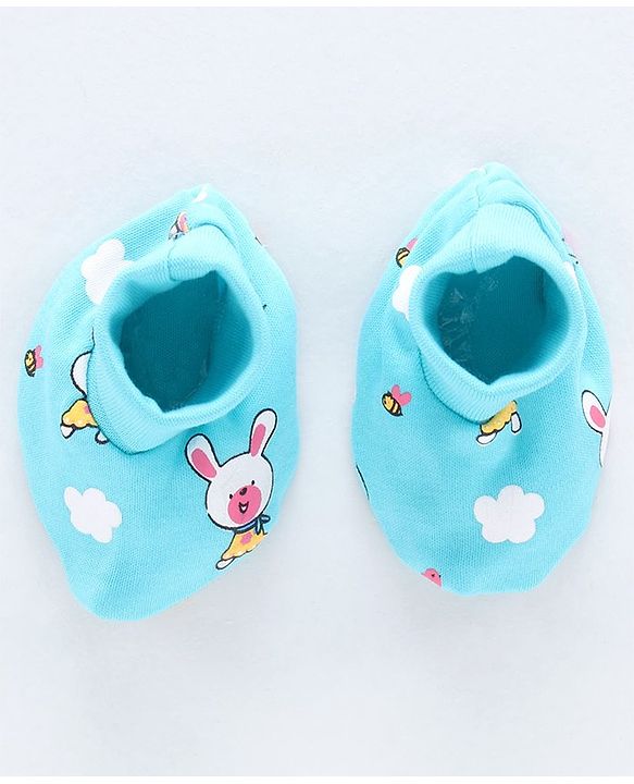 Babyhug 100% Cotton Cap Mittens & Booties Bear Print Blue - Diameter 11.5 cm