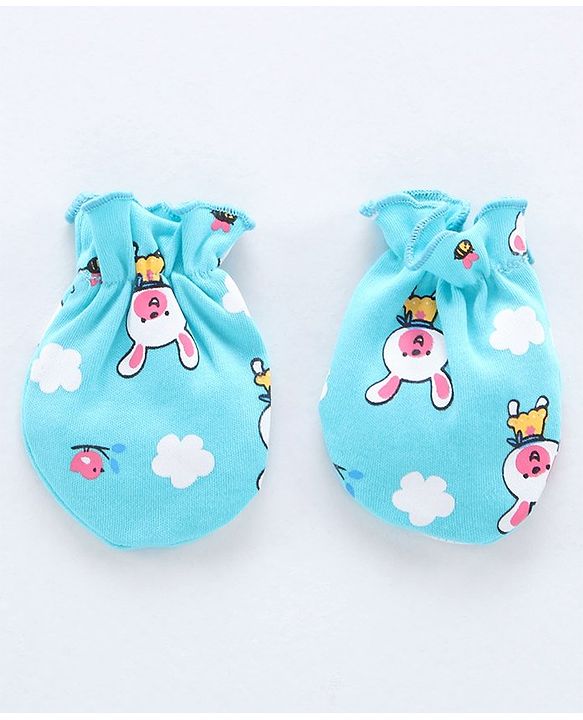 Babyhug 100% Cotton Cap Mittens & Booties Bear Print Blue - Diameter 11.5 cm