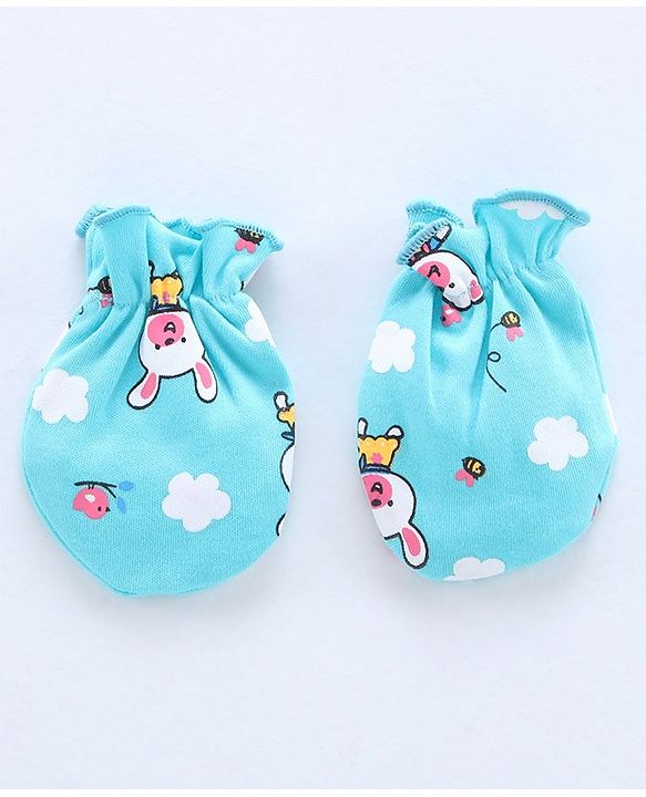 Babyhug 100% Cotton Cap Mittens & Booties Bear Print Blue - Diameter 11.5 cm