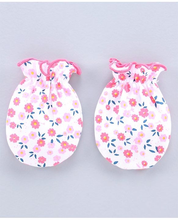 Babyhug Printed Cap With Booties & Mittens Pink - Diameter 11 cm
