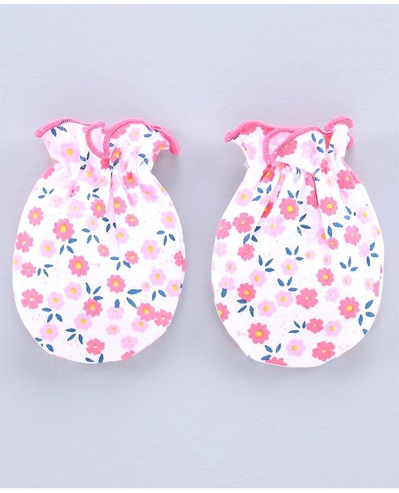 Babyhug Printed Cap With Booties & Mittens Pink - Diameter 11 cm