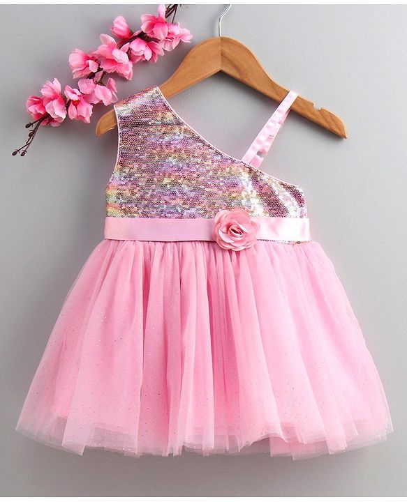 Babyhug Sleeveless One Shoulder Party Wear Sequined Frock  - Pink