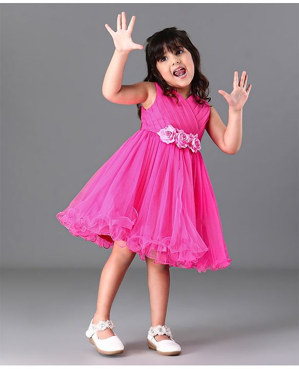 Babyhug Sleeveless Party Frock Rose Applique - Pink