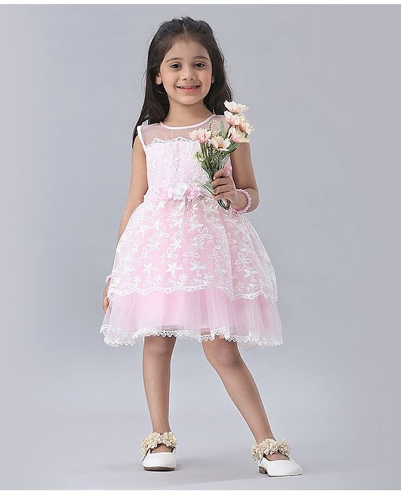 Babyhug Sleeveless Frock Floral Embroidery - Pink
