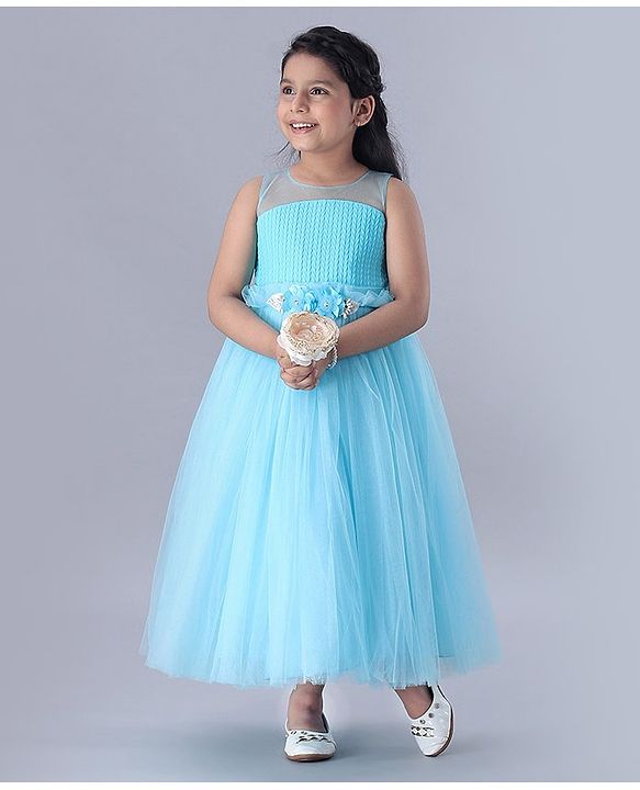 Babyhug Sleeveless Floral Embellished Party Gown - Light Blue