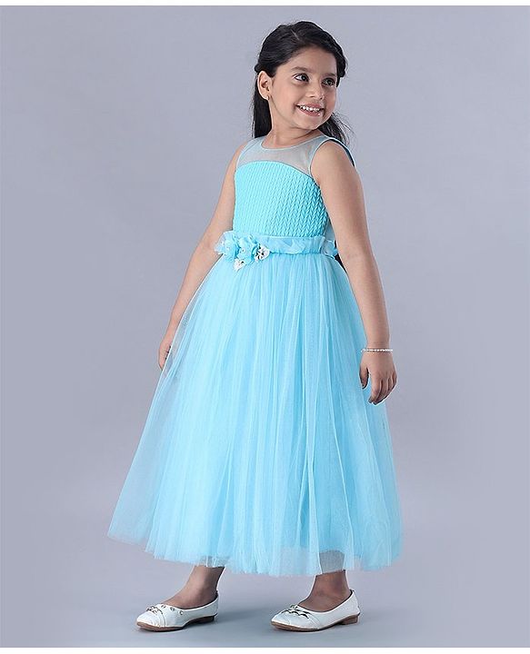 Babyhug Sleeveless Floral Embellished Party Gown - Light Blue