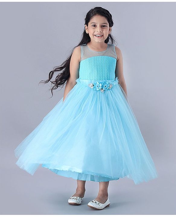Babyhug Sleeveless Floral Embellished Party Gown - Light Blue