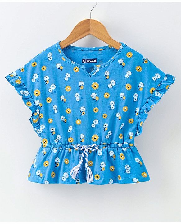 Pine Kids Flutter Sleeves Biowased Knitted Tee Floral Print - Blue