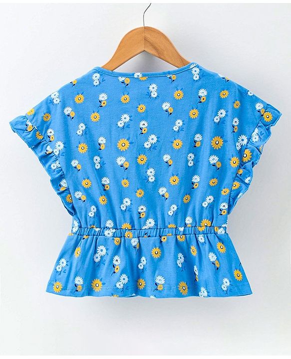 Pine Kids Flutter Sleeves Biowased Knitted Tee Floral Print - Blue