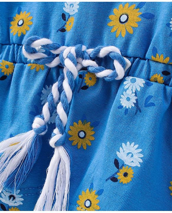 Pine Kids Flutter Sleeves Biowased Knitted Tee Floral Print - Blue