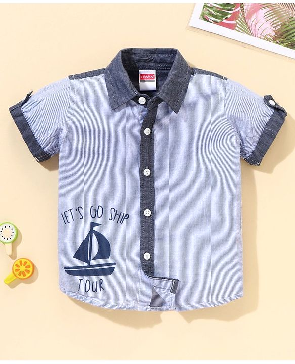 Babyhug Half Sleeves Striped Shirt Ship Print - Blue