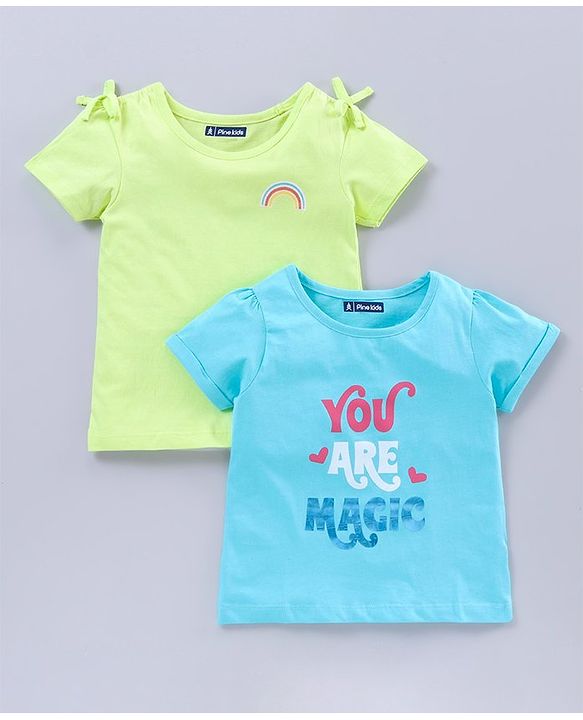 Pine Kids Half Sleeves Biowash Tees Text Print Pack of 2 - Green Blue