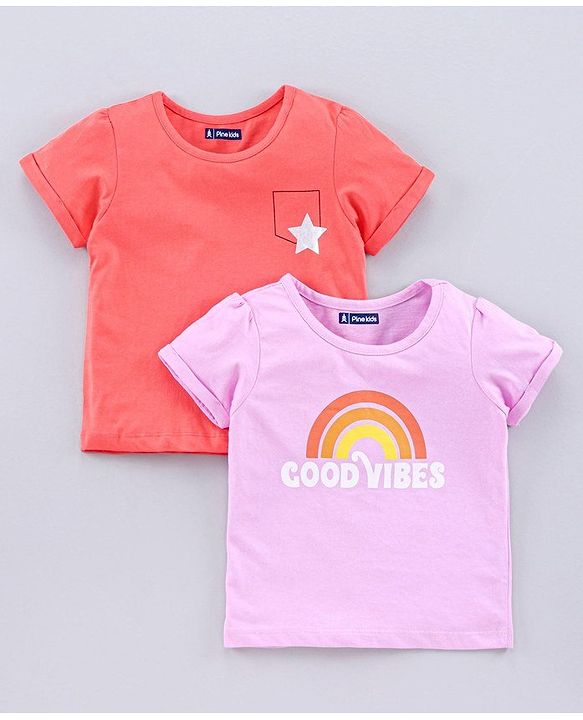 Pine Kids Half Sleeves Bio Wash Printed Top Pack of 2  - Pink Peach