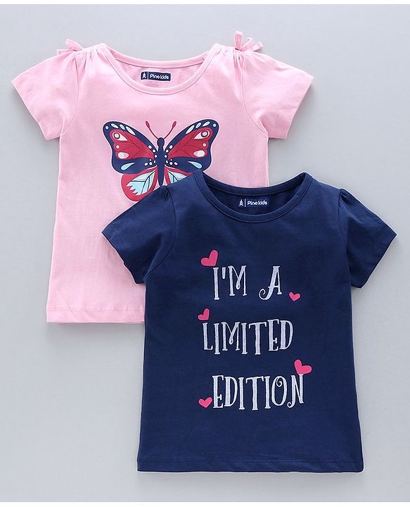 Pine Kids Half Sleeves Knitted Bio Wash Top Butterfly Print Pack of 2 - Blue Pink