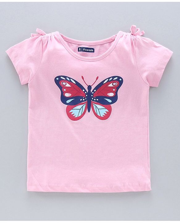 Pine Kids Half Sleeves Knitted Bio Wash Top Butterfly Print Pack of 2 - Blue Pink