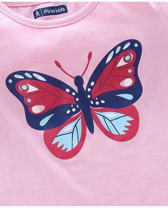 Pine Kids Half Sleeves Knitted Bio Wash Top Butterfly Print Pack of 2 - Blue Pink