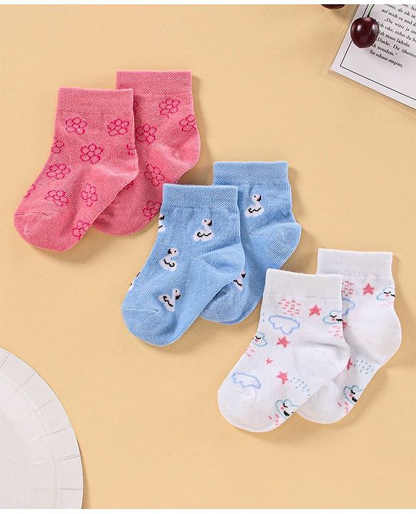 Cute Walk by Babyhug Anti Bacterial Ankle Length Socks Pack of 3 - Pink Blue White