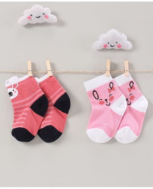 Cute Walk by Babyhug Anti Bacterial Ankle Length Socks Pack of 2 Cartoon Design - Multicolor