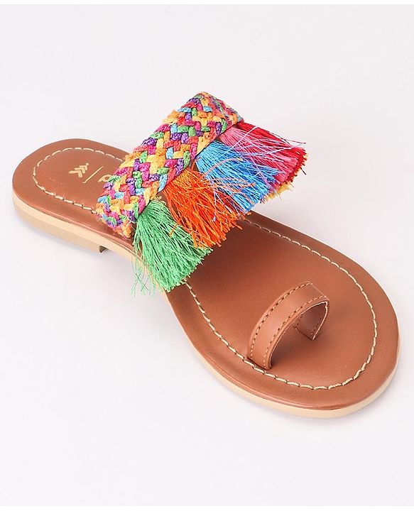 Pine Kids Ethnic Wear Chappal Fringe Detailing  - Brown