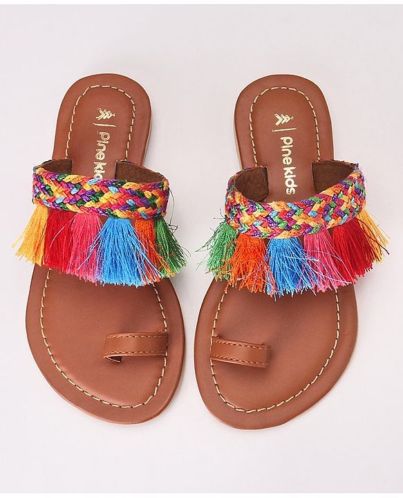 Pine Kids Ethnic Wear Chappal Fringe Detailing  - Brown