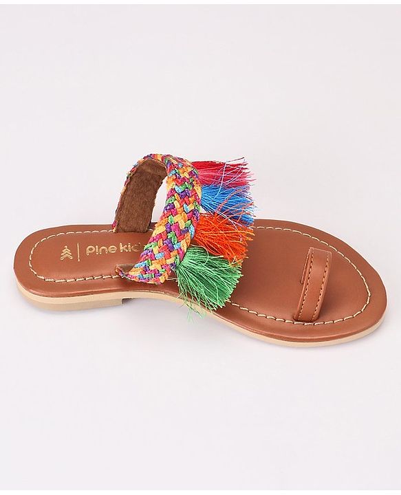 Pine Kids Ethnic Wear Chappal Fringe Detailing  - Brown