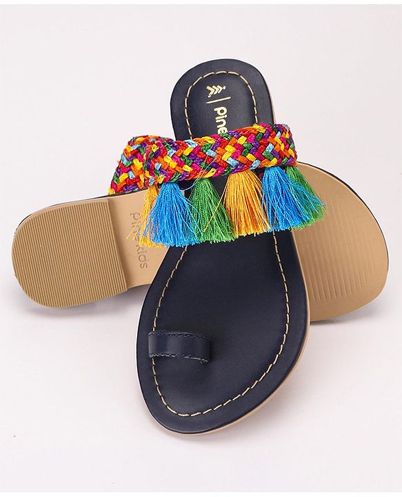 Pine Kids Ethnic Wear Chappal Fringe Detailing  - Navy Blue