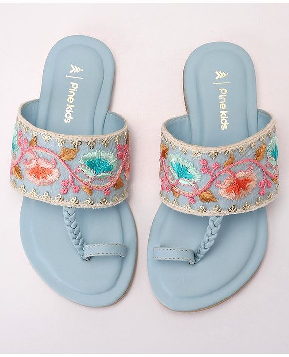 Pine Kids Ethnic Wear Chappal Floral Embroidery  - Sky Blue