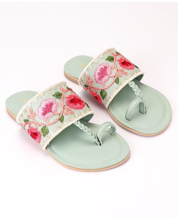 Pine Kids Ethnic Wear Chappal Floral Embroidery  - Light Green
