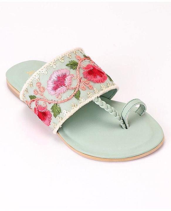 Pine Kids Ethnic Wear Chappal Floral Embroidery  - Light Green