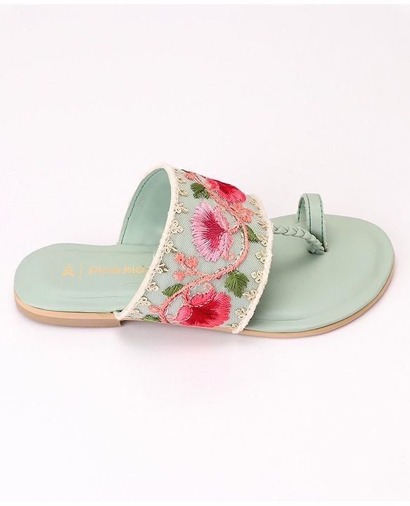 Pine Kids Ethnic Wear Chappal Floral Embroidery  - Light Green